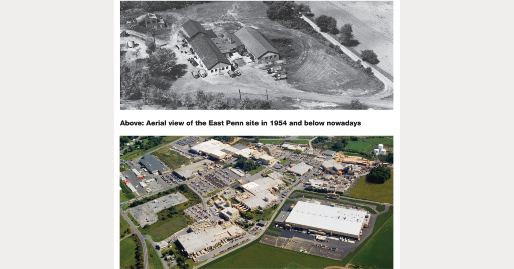 Aerial view of East Penn Manufacturing (DEKA), circa 1954 (above), circa 2015 (below)