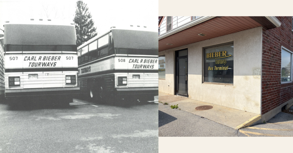 Bieber Bus circa late 1980s (left); Bieber Tourways Bus Terminal, no longer in operation, circa 2026 (right)