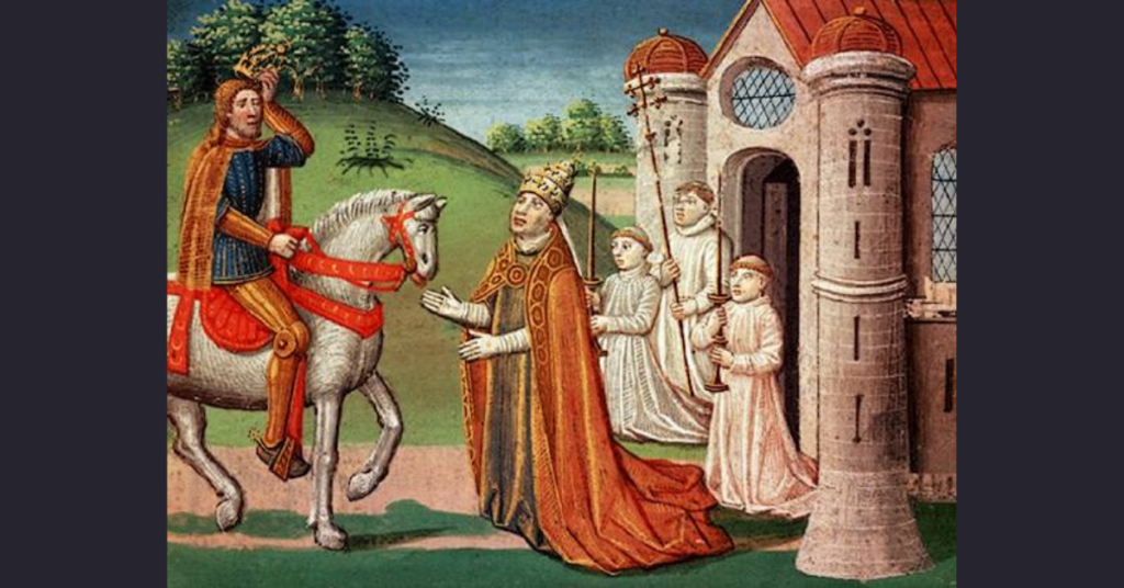 Charlemagne offers protection from invaders to Pope Adrian I
