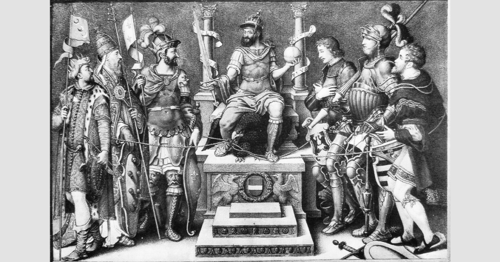 Charles V enthroned over his defeated enemies Giulio Clovio mid 16th century