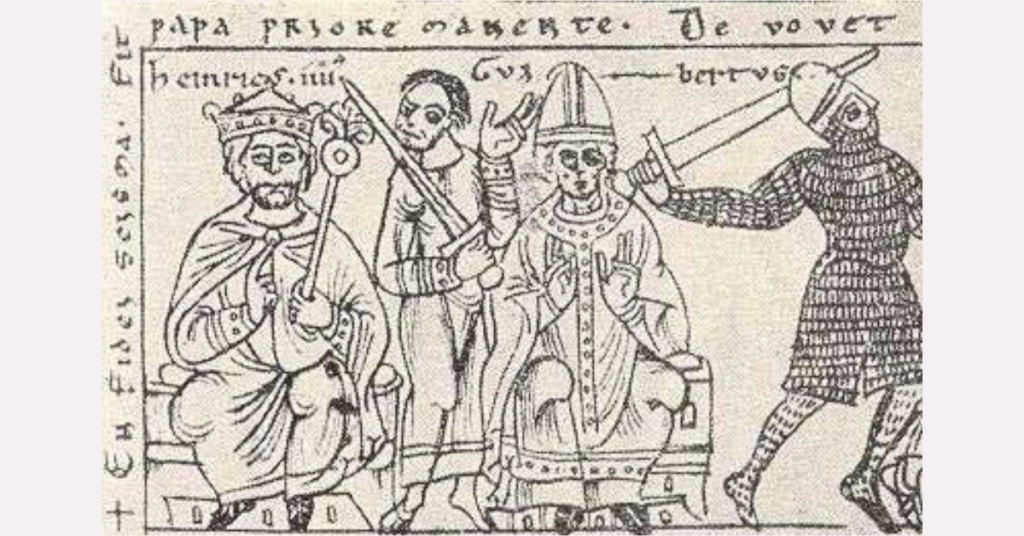 Contemporary illustration of Henry IV (left) and Anti-pope Clement III (centre)