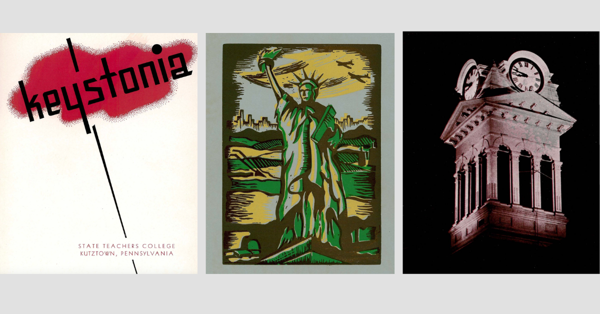 Cover of Keystonia 1950, the official yearbook of State Teacher College Kutztown, Pennsylvania (left); Statue of Liberty drawing (middle); Kutztown Clock Tower (right)