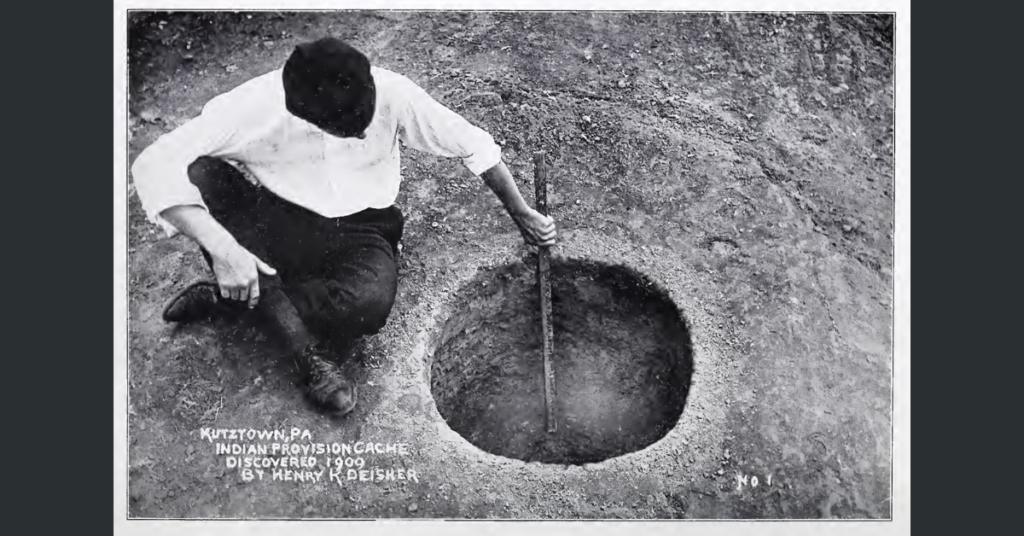 Deisher digging on farm in Kutztown and discovering Native American artifacts