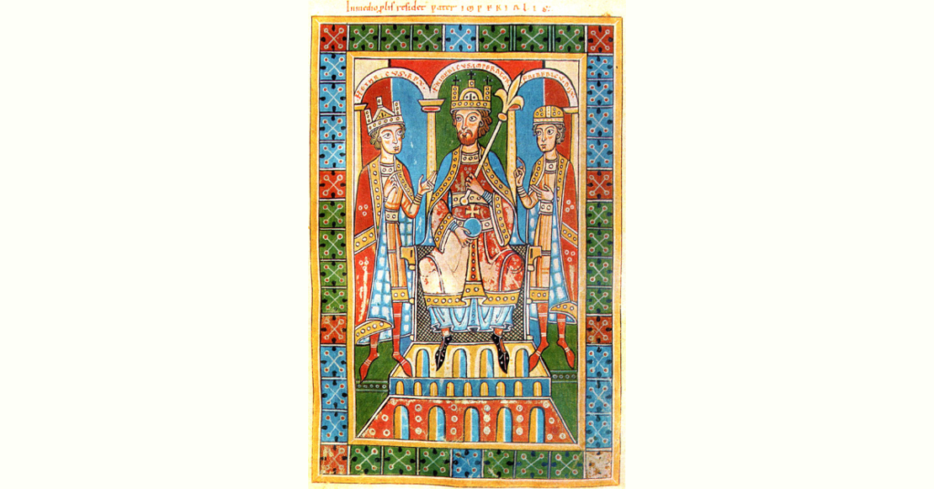 Emperor Frederick Barbarossa and his sons King Henry VI and Duke Frederick V of Swabia, Historia Welforum, 1167/79, Weingarten Abbey