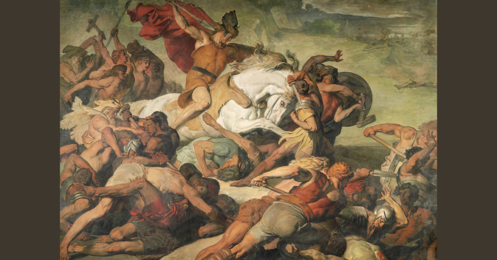 Hermann (Arminius) at the battle of the Teutoburg Forest in 9 CE by Peter Jannsen, 1873, with painting creases and damage removed