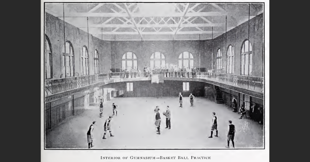 Interior of gymnasium of Keystone State Normal School (Kutztown University), basketball practice, circa early 1900s