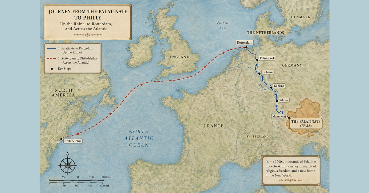 Journey from the Palatine to Philadelphia in the 1700s; From Pfalz, up the Rhine to Rotterdam, and across the Atlantic Ocean to Philadelphia