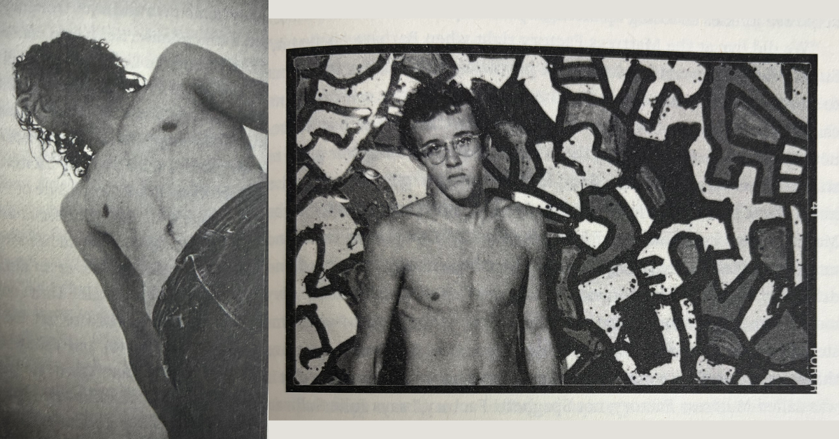 Keith Haring in 1976 (left); Haring in front of painting in late 1970s (right)