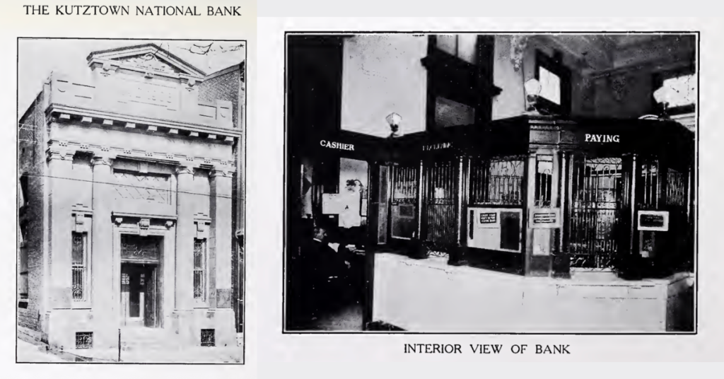 Kutztown National Bank exterior, circa 1915; Kutztown National Bank interior, circa 1915