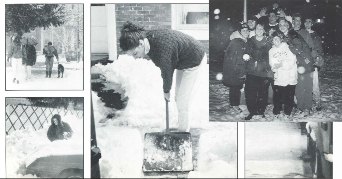 Kutztown University students in the snow, cica 1993