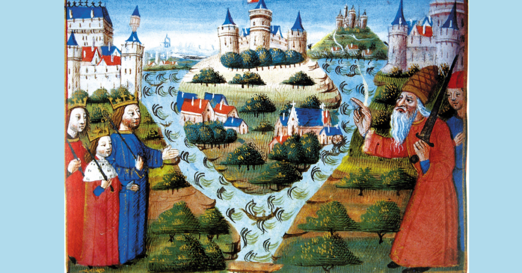 Louis the Pious (right) blessing the division of the Carolingian Empire in 843 into West Francia, Lotharingia, and East Francia; from the Chroniques des rois de France, fifteenth century