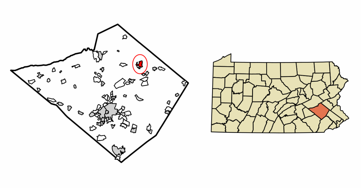 Map of Berks County showing location of Kutztown (left); Map of Pennsylvania showing location of Berks County (right)
