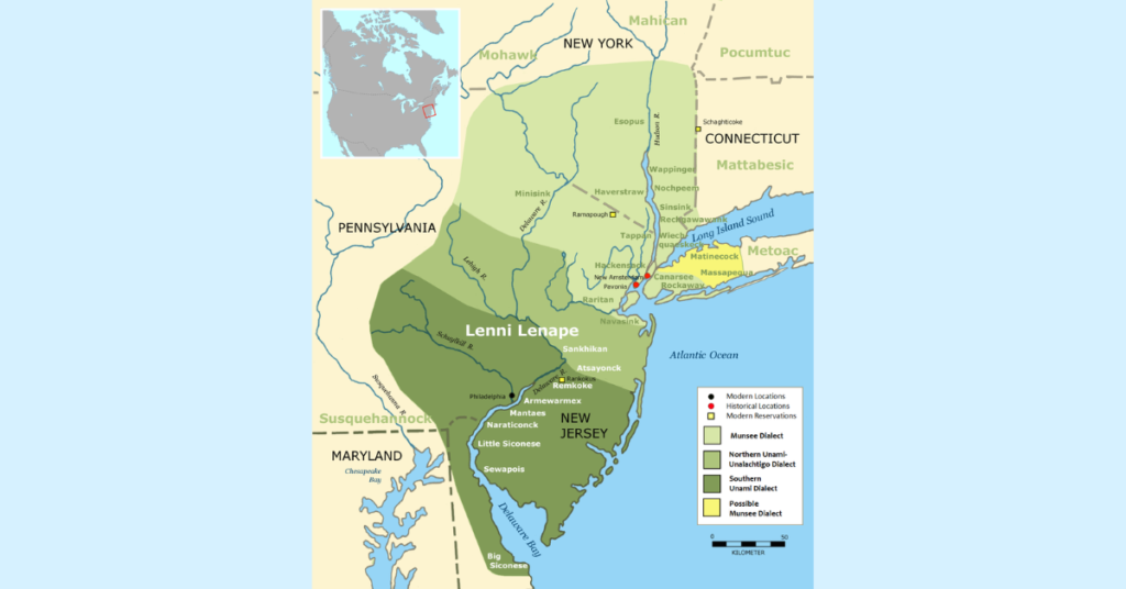Map of Lenapehoking and approximate boundaries of languages spoken