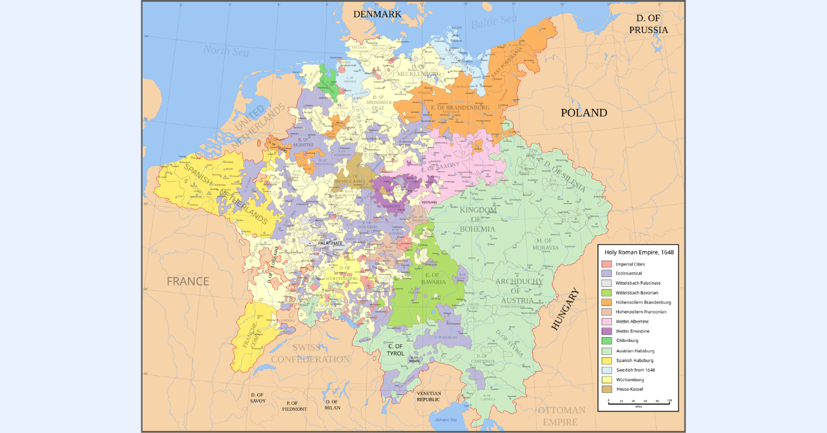 Map of the Holy Roman Empire in 1648, after the Peace of Westphalia which ended the Thirty Years' War.
