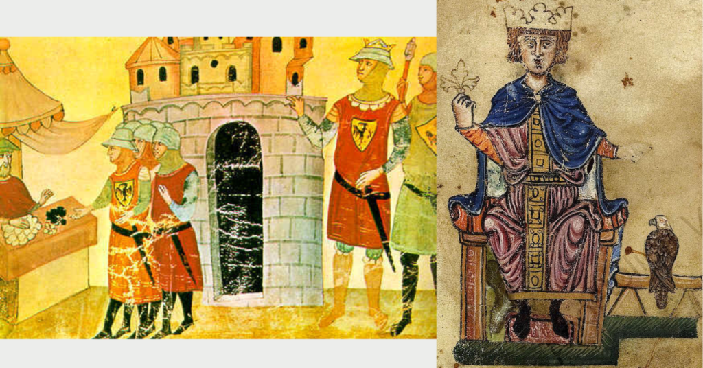 Miniature from the Nuova Cronica depicting Frederick's troops paid with leather coins during the Siege of Faenza in 1240-41; Contemporary portrait of Frederick II