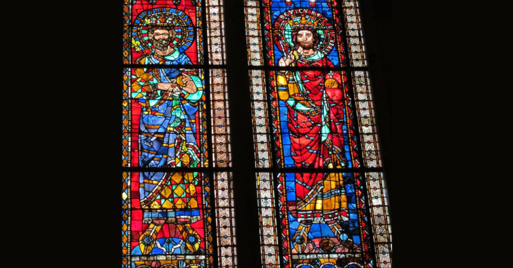  Pepin the Short and Louis the Pious in Strasbourg Cathedral; stained glass windows are mostly from the 14th century