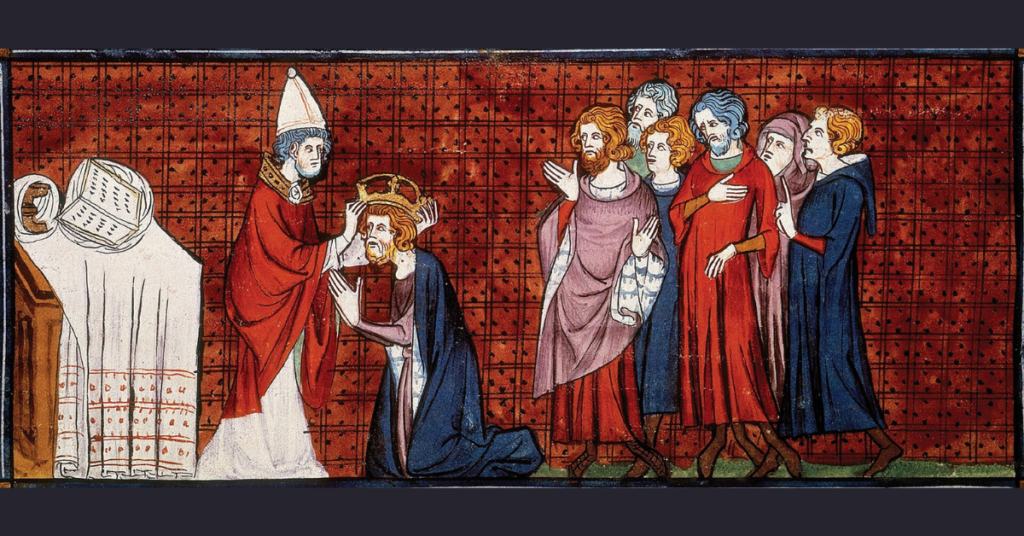 Pope Leo III crowning Charlemagne as Emperor on Christmas Day, 800;, from Chroniques de France ou de St Denis, 14th century