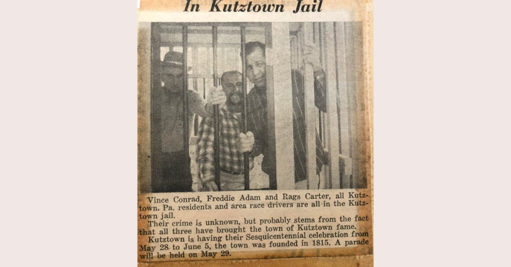Promotional newspaper image for the Sesquicentennial Celebration, featuring race car drivers Vince Conrad, Freddie Adam, and Rags Carter in a jail cell
