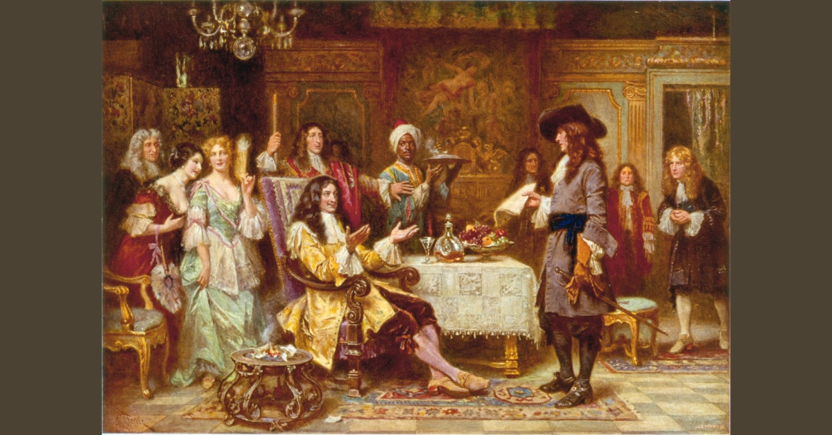 The Birth of Pennsylvania 1680; William Penn, holding paper, standing and facing King Charles II, in the King's breakfast chamber at Whitehall