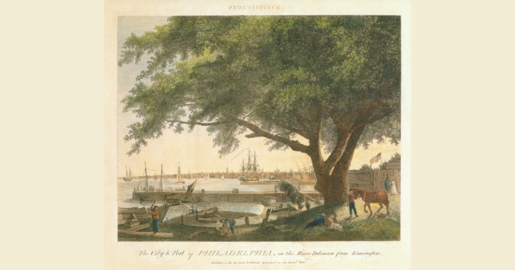  "The City & Port of Philadelphia, on the River Delaware from Kensington." Plate 2 (Frontispiece) from The City of Philadelphia as it appeared in the Year 1800