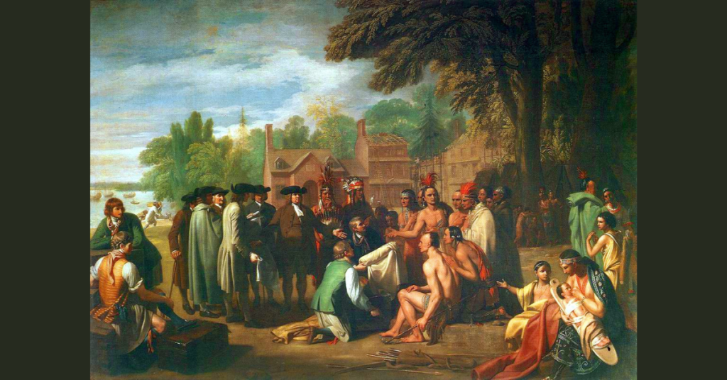 The Treaty of Penn with the Indians. William Penn's 1682 treaty with the Lenape depicted in Penn's Treaty with the Indians, a 1771 portrait by Benjamin West