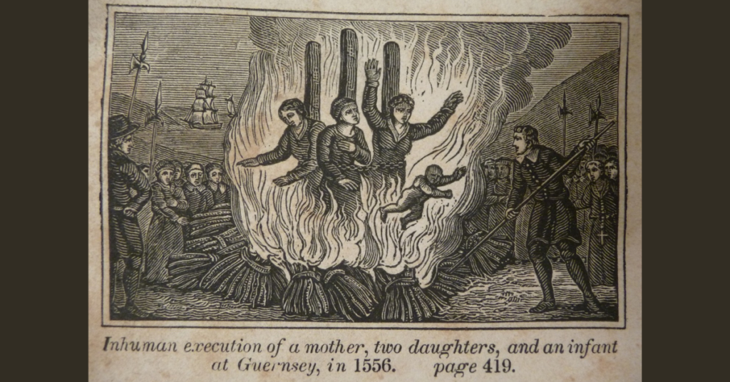 The burning of the Guernsey Martyrs during the Marian persecutions in 1556, c. 1563