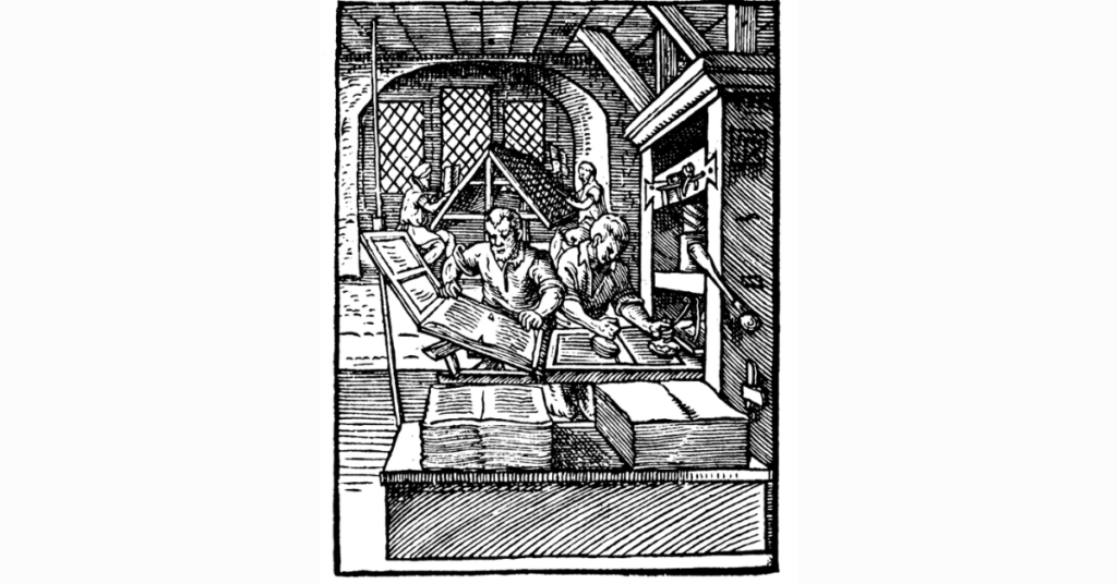 This woodcut from 1568 shows the left printer removing a page from the press while the one at right inks the text-blocks.