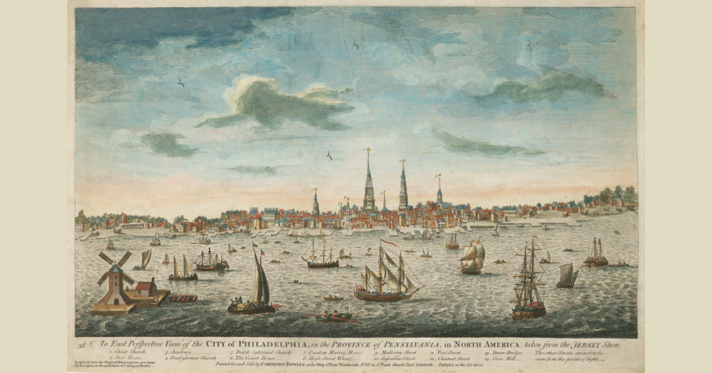 View of the port and the city of Philadelphia, in the thirteen English colonies of North America, in the middle of the 18th century.