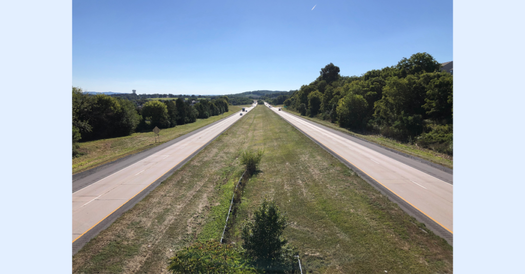 View south along U.S. Route 222 (Kutztown Bypass) from the overpass for North Elm Street in Kutztown, Pennsylvania, circa 2022
