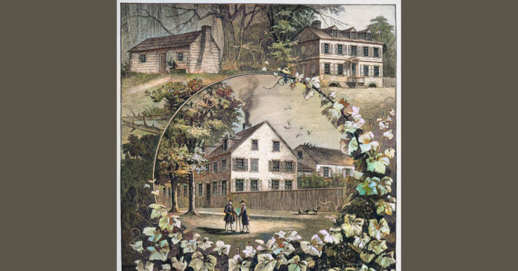the Pastorius family residences are shown on the upper left (c. 1683) and upper right (c. 1715), the center structure is the house and printing business of the Sauer/Sower family (ca. 1735)
