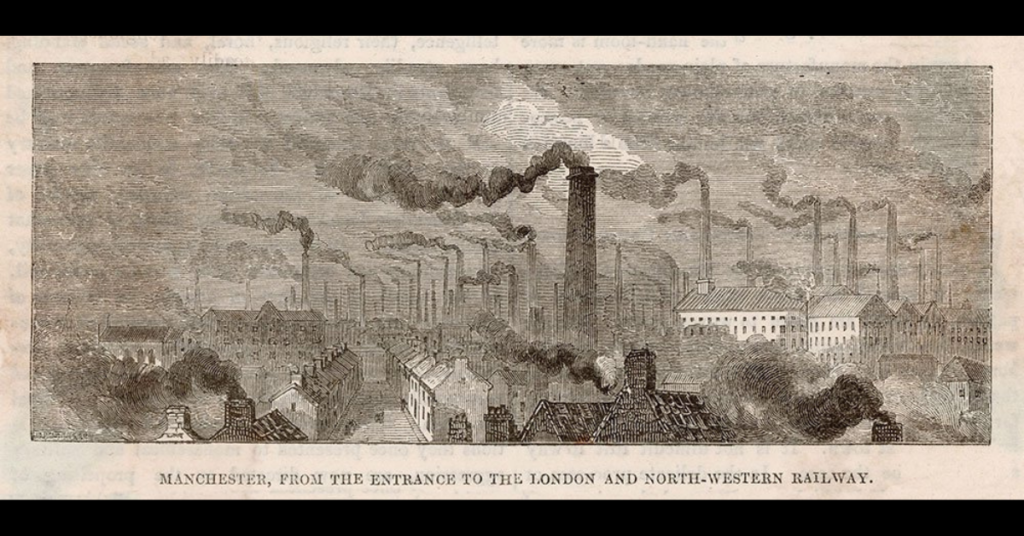 A view of Manchester in 1870, when a dense forest of smoking chimneys dominated the skyline