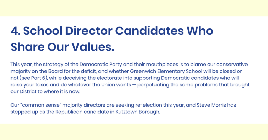 Values of school director candidates, screenshot from KASD PAC 