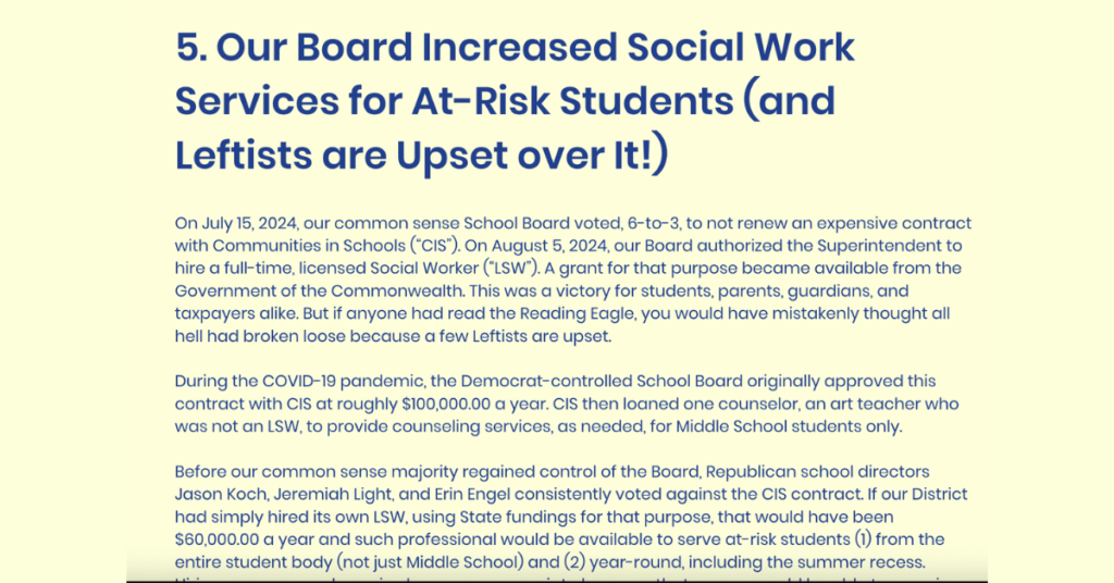 Values of school director candidates, screenshot from KASD PAC