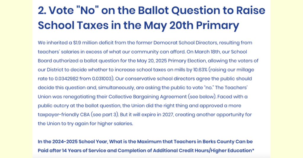 Vote no on raising Kutztown School taxes, screenshot from KASD PAC 