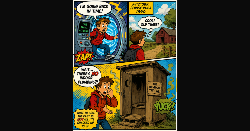 Young person traveling back in time and having to use outhouse cartoon